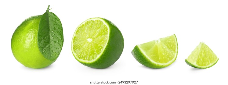 Fresh lime isolated on white, collage. Whole, half and slices