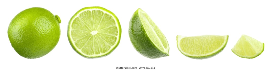 Fresh lime isolated on white, collage. Whole, halves and slices