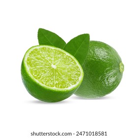 Fresh lime and leaf isolated on white blackground