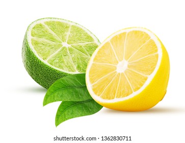 Fresh lime, lemon cut in half, with leaf isolated on white background. Clipping Path. Full depth of field. - Shutterstock ID 1362830711