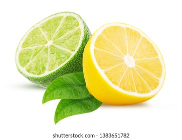 Fresh lime, lemon cut in half, with leaf isolated on white background. Clipping Path. Full depth of field. - Shutterstock ID 1383651782