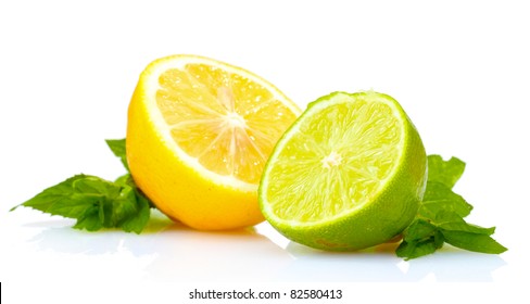 Fresh Lime, Lemon And Mint Isolated On White