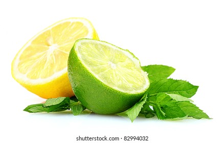 Fresh Lime, Lemon And Mint Isolated On White