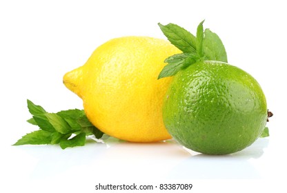 Fresh Lime, Lemon And Mint Isolated On White