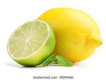 Fresh lime and lemon with mint isolated on white