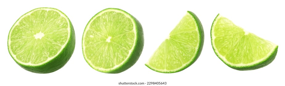Fresh lime slice, and half isolated on white background, collection, cut out	