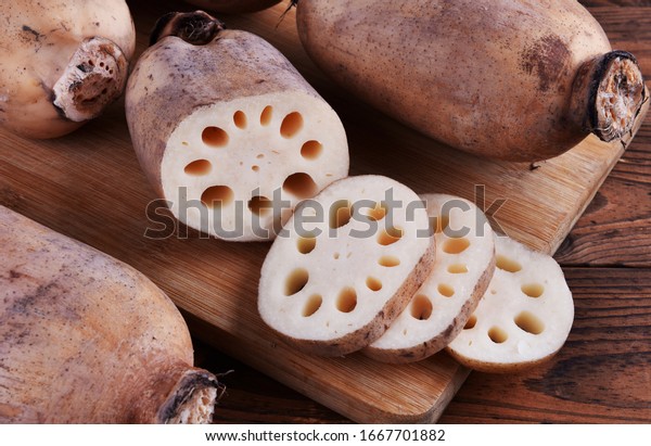 Fresh lotus root on a\
plate
