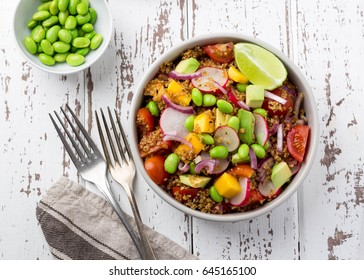 Fresh Lunch Salad With Vegetables, Bulgur And Edamame Beans On Wooden Rustic Background; Overhead Shot