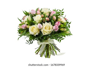 Fresh, Lush Bouquet Of Colorful Flowers  For Present Isolated On White Background. Wedding Bouquet Of Roses And Freesia Flowers