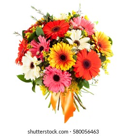 Fresh, Lush Bouquet Of Colorful Flowers, Isolated On White Background