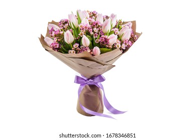 Fresh, lush bouquet of pink roses wrapped in paper for present isolated on white background. Wedding bouquet  - Shutterstock ID 1678346851