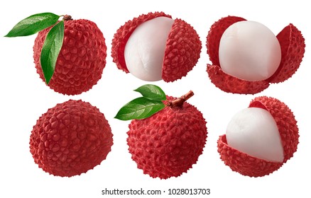 Fresh lychee with leaves set isolated on white background as package design elements - Powered by Shutterstock