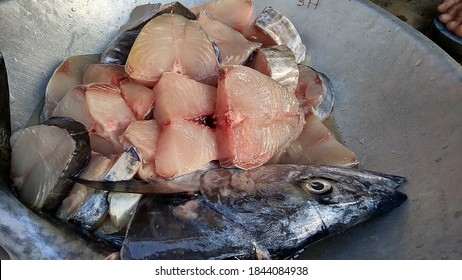 Fresh Mackerel Cut Fish Pieces On Silver Wok