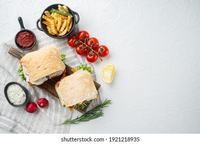 Fresh Made Snack Sandwich With Fish Sticks, On Wooden Cutting Board, On White Background, Top View Flat Lay , With Copyspace And Space For Text
