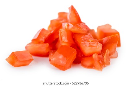 Fresh Made Tomatoes (diced) Isolated On White Background (close-up Shot)
