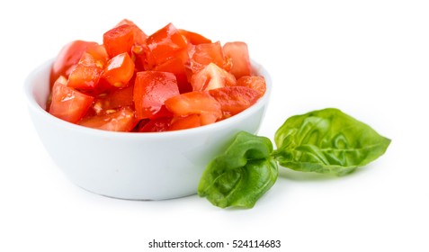 Fresh Made Tomatoes (diced) Isolated On White Background (close-up Shot)
