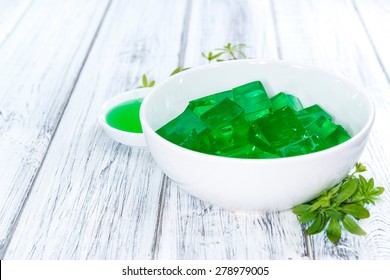 Fresh Made Woodruff Jello (close-up Shot) On Wooden Background