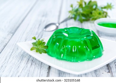 Fresh Made Woodruff Jello (close-up Shot) On Wooden Background