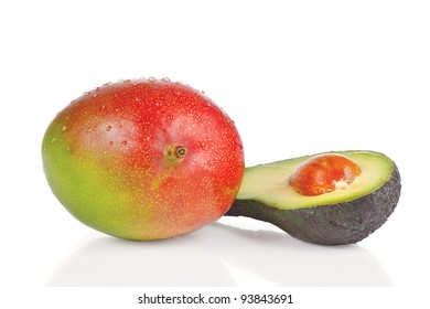 Fresh Mango And Half Of Avocado On A White Background