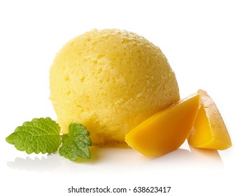 Fresh Mango Ice Cream Sorbet Ball Isolated On White Background