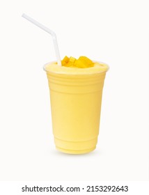 Fresh Mango ripe organic yellow smoothie honey mix with Straw in plastic glass, Garnish. Ripe mangoes are popular all over world. Perfect for summer drink. Healthy food. Isolated on white background. - Shutterstock ID 2153292643