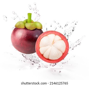 Fresh Mangosteen falling in the air with splash water isolated on white background, Mangosteen fruit on white background With clipping path
