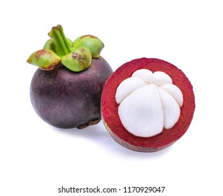 Fresh Mangosteen fruit and half mangosteen  isolated on white background