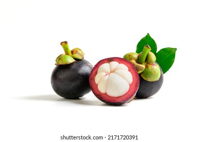 Fresh Mangosteen with leaves isolated on white background. Mangosteen has been known as The Queen of Fruits, asia fruits concept