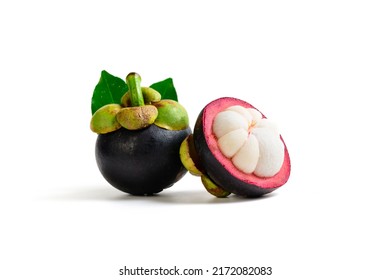Fresh Mangosteen with leaves isolated on white background. Mangosteen has been known as The Queen of Fruits, asia fruits concept