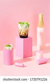 Fresh Matcha Milk With Brown Sugar Boba On Pink Pastel Background, Decorated With Colorful Cubes. 