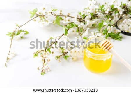 Similar – Image, Stock Photo Honey flows from glass and flowers