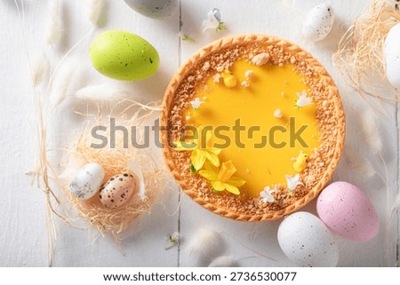 Fresh Mazurka cake as perfect Easter card. Lemon curd cake for Easter.