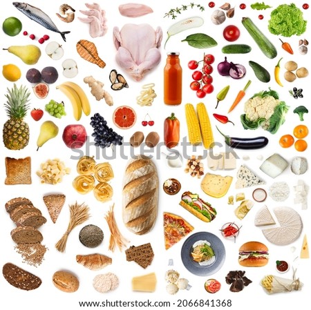 Fresh meat, fish, pasta, corn and peppers, slice of pizza, burger and bread, isolated on white background, top view. Set of grocery items, food blog, delivery from grocery during covid-19 lockdown