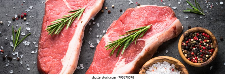 Fresh Meat. Raw Beef Striploin Steak With Herbs And Spices. Long Banner Format.