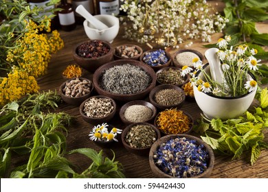 Fresh Medicinal, Healing Herbs On Wooden