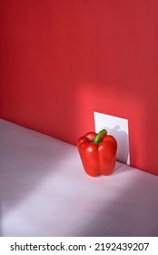 Fresh Mexican Bell Pepper Only In Front Of A Minimalist Red Door And Wall, No People