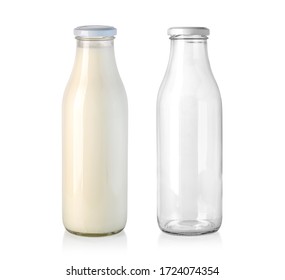 Fresh milk in a glass bottle  and empty isolated on white background with clipping path - Powered by Shutterstock