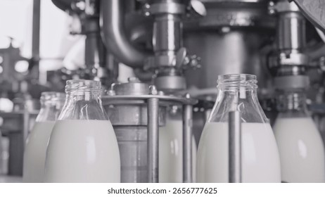 Fresh milk undergoing processing and bottling in a modern dairy facility, maintaining high standards of quality and hygiene from farm to table in every step of production