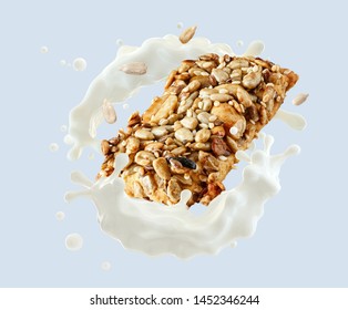 Fresh Milk, Yogurt 3D Splash With Healthy Cereals Oat Cookie Bar With Whole Raw Grains Seed, Nuts. Breakfast, Protein Cookie With Milk, Yogurt, Muesli Granola Energy Bar. Liquid Splash Design Element