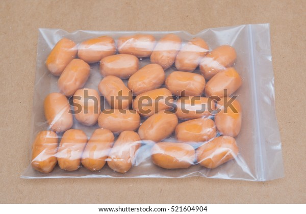 Fresh Mini Sausage Plastic Bag Wurst Food And Drink Stock Image