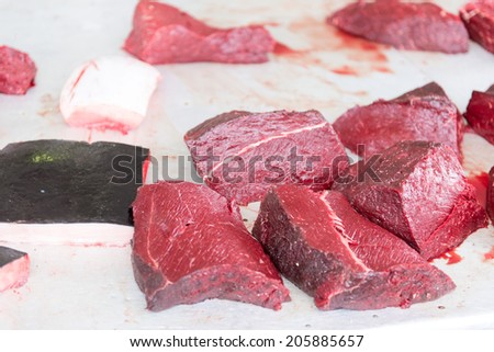 Fresh minke whale meat on a market in Aasiaat, Greenland