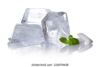 Fresh Mint, Chewing Gums And Ice Cubes On White Background