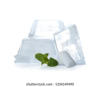 Fresh Mint, Chewing Gums And Ice Cubes On White Background