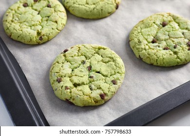 Fresh Mint Chocolate Chip Cookies On Baking Tray, Closeup