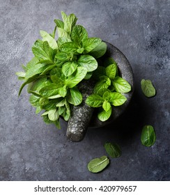 Fresh Mint Leaves In Mortar On Stone Table. Top View