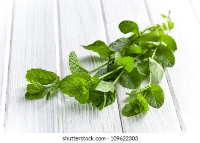 Fresh Mint Leaves On Kitchen Table