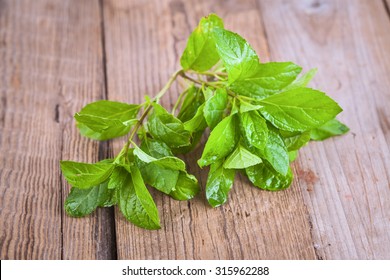 Fresh Mint Leaves On Wooden Table