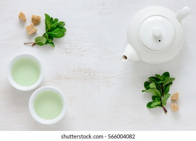 Fresh Mint Tea Background With A Space For A Text, View From Above