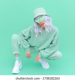 Fresh Mint Urban Look. Fashion Girl 90s. Monochrome Color Trends. Aqua Menthe Aesthetic Concept