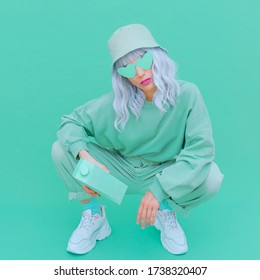 Fresh Mint Urban Style. Girl 90s Aesthetic. Monochrome Color Trends. Aqua Menthe